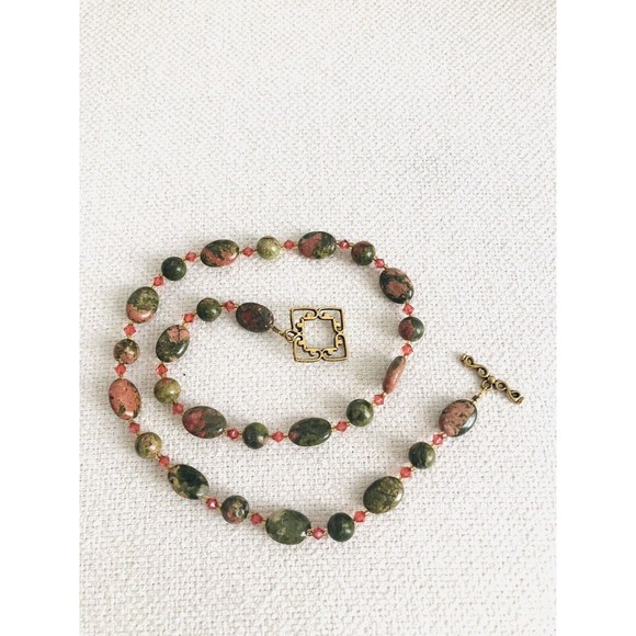 Natural Unakite Gemstone and Glass Beads Artisan Necklace 19 inch - Picture 2 of 5